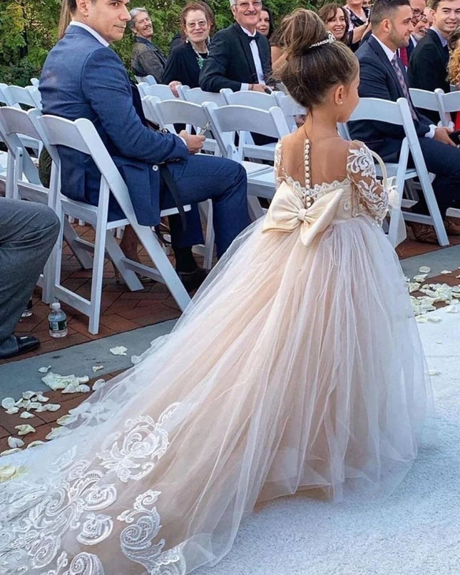 BABYONLINE Flower Girl Dresses For Weddings Long Sleeve Lace Tulle Bow Back Children's Elegant Dress vestidos para niñas