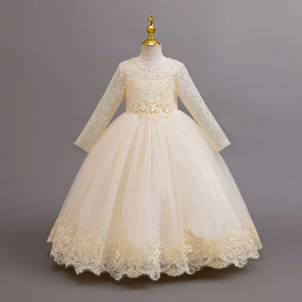 New Long Sleeve Elegant Dress for Young Girls Flower Girl Wedding Dresses Lace Formal White Clothes From 4 to12 Years