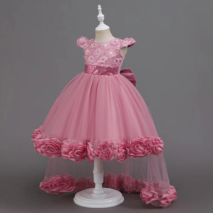 Flower Girl Dress 3D Rose Lace Tulle Sequin Waistband Princess Gown Birthday Holiday Wedding Party Formal Girls Dresses 3-12Y