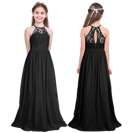 Kids Girls Wedding Bridesmaid Dress Spaghetti Strap Elegant Chiffon Maxi Party Dresses with Faux Pearls Belt for Banquet Pageant