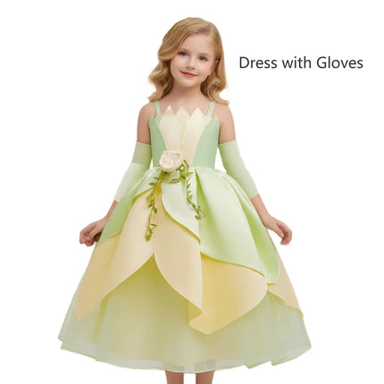Summer Delicate Yellow Green Frock Flower Girls Wedding Party Dress Birthday Tiana Cosplay Princess and Frog Fairy Tale Costume