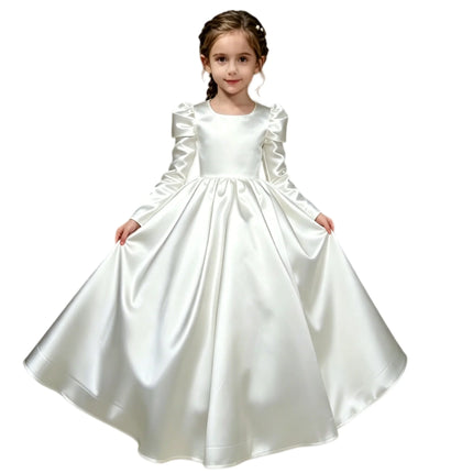 Modest Plain White Satin First Holy Communion Dress Long Puff Sleeve Pearl Button Back Kids Church Gown Flower Girl Dress