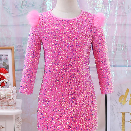 Cute Stylish Girls Pink Sequined Round-Neck Ceremonial Dress Spring Autumn Fashionable Kids' Special Occasion Outfit