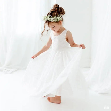 White Lace Flower Girl Dress with Big Bow Elegant Sleeveless A-Line Ball Gowns Formal Communion Wedding Party Dresses