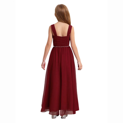 Kids Girls Wedding Bridesmaid Dress Spaghetti Strap Elegant Chiffon Maxi Party Dresses with Faux Pearls Belt for Banquet Pageant