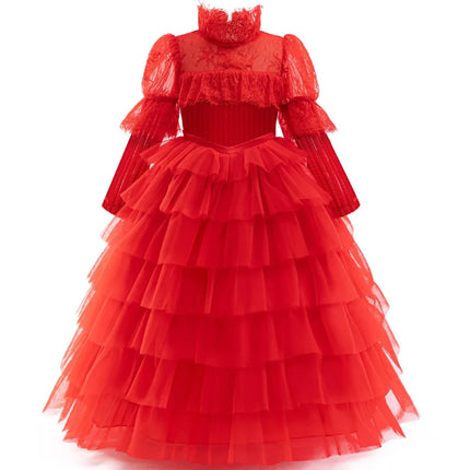 Lydia Deetz Costume Wedding Dress Girls Gothic Red Gown For Children Halloween Beetle Ghost Bride Cosplay Christmas Party Outfit
