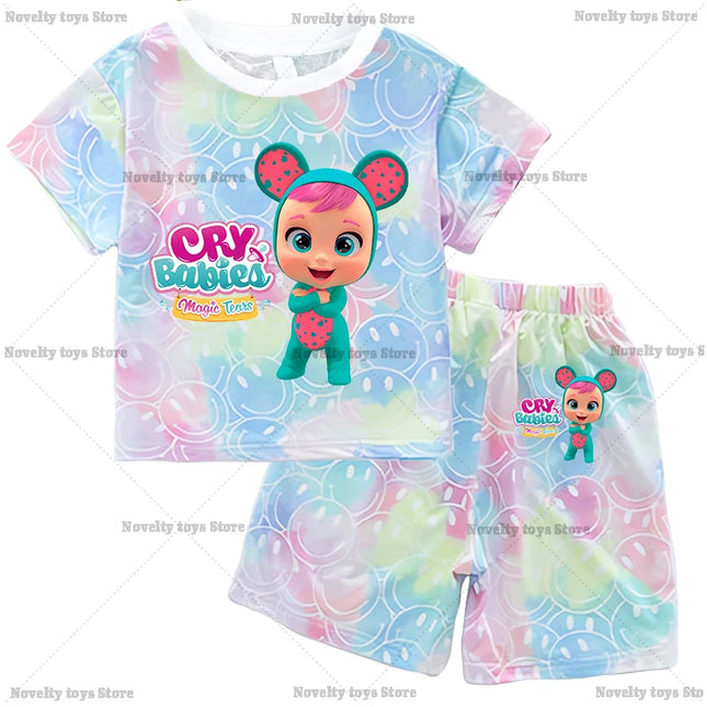 Crying Babies T-shirt Set Children Summer Clothing Girl Cartoon Anime Short Sleeve Sets Leisure Kawaii Clothes Kid Cute Tee Gift