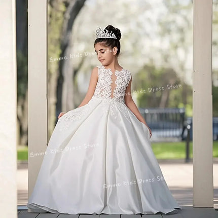 Customized White Flower Girl Dresses for Wedding Satn Appliques Elegant Kids Photo First Communion Bridesmaid  Banquet Ball Gown