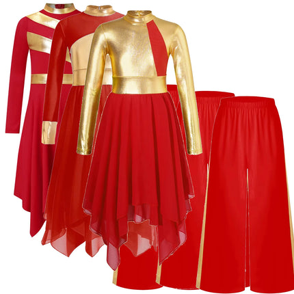 Kids Girls Praise Clothes Set Ballet Lyrical Performance Costume Metallic Church Christian Worship Robe Dress Tunic Dancewear