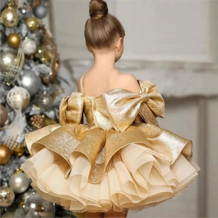 Light Luxury Gold Evening Princess Ball Gown Children Cute Bow Design Birthday Wedding Party Dress y1654