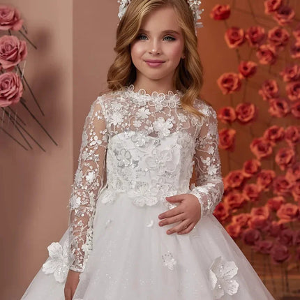 White Flower Girl Dress for Wedding Full Sleeves Lace Beaded Floor Lenght Kids Birthday Party First Communion Gowns Custom