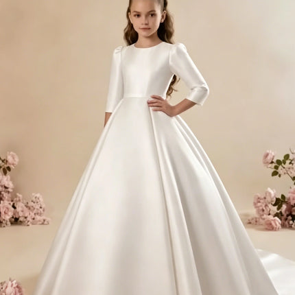 Custom Girls First Communion Dress 2025 New Long Sleeve Matte Satin A-Line Tail Evening Gown Girls Wedding Party Princess Dress