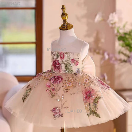 Elegant Embroidered Floral Dress Children Strapless Sash Bow Sleeveless Wedding Festival Party Ball Gown Girls Formal Costume