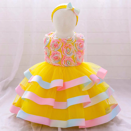 Toddler Colorful Flower 1st Birthday Baby Girl Dress Elegant Wedding Party Baptism Princess Dresses Girl Bow Bridesmaids Costume
