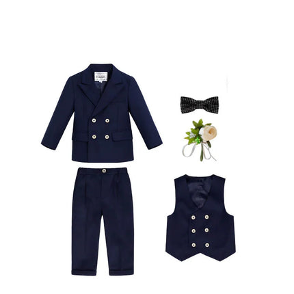 School Boys Navy Blue 5Pieces/Set Jacket Vest Pants Bowtie Flower Photograph Suit Kids Birthday Dress Children Wedding Custome