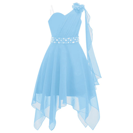 Girls Wedding Bridesmaid Dress Summer Elegant Chiffon One Shoulder Sleeveless Long Dress for Birthday Party Evening Prom Gown
