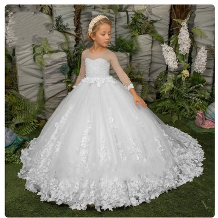 Elegance Flower Girl Dress Three Quartersleeve Appliqué Children Wedding Party Gowns New Kids Clothes Princess First Communion