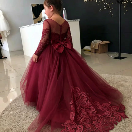 1-13 Years Lace Tulle Flower Girl Dress Up Buttons Bows Children's First Communion Ball Gown Wedding Party Bridesmaid Dress Kids