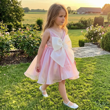 Summer Baby Girls Elegant Bowknot Pink Princess Dresses Girls Fashion Tutu Dress Baby Kids Cute Birthday Party Clothes Wedding
