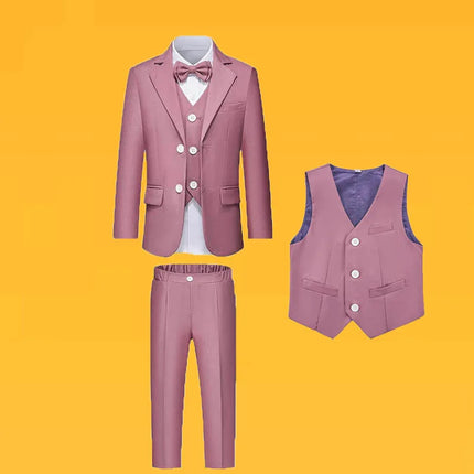 4 Pieces Pink Jacket Vest Pants Bowtie Children Skinny Dress Gentleman Kids Photograph Suit Boys Graduation Performance Costume
