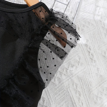 Girls' Summer Casual Fashion Flutter Sleeve Bowknot Polka Dot Velvet Mesh Dress Beach Wedding Holiday Party Princess Dress Gift