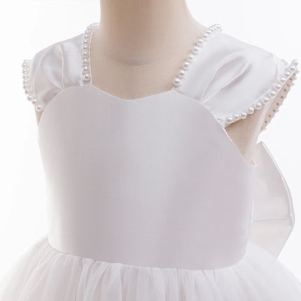 Children Girls Elegant Birthday Tulle Princess Dress Bow Wedding Party Gown For Kids Formal Evening White Pearls Bowknot Vestido
