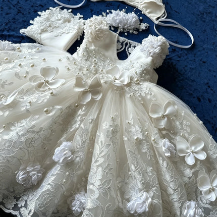 Cute Lace Baptism Christening Gown With Bonnet Outfit Baby Girls White Party Birthday Gown Wedding 3D Flower Girl Dress
