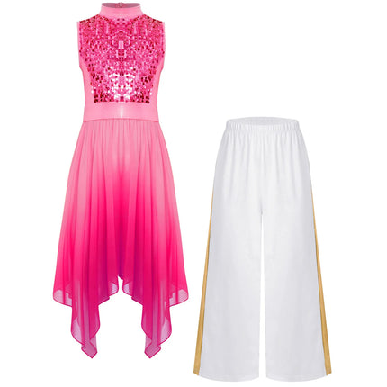 Kids Girls Praise Liturgical Church Worship Dance Outfit Sequins Chiffon Tunic Dress+Pants Choir Lyrical Contemporary Dancewear
