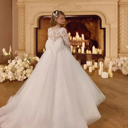 Customized White Flower Girl Dress For Wedding Glitter Bowknot Beading Pearls Appliques Kids Birthday First Communion Gown
