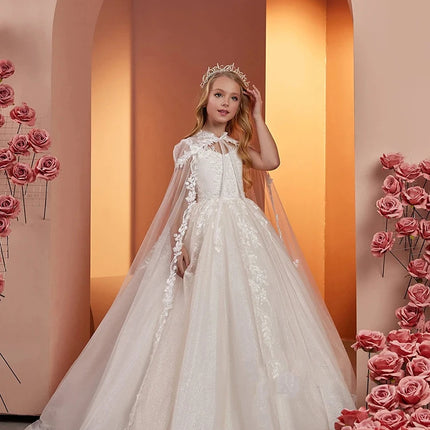 Lace Tulle Flower Girl Dress For Wedding Sleeveless with Cape Puffy Shining Elegant Princess First Communion Birthday Gowns 2024