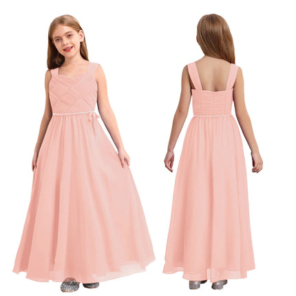 Kids Girls Wedding Bridesmaid Dress Spaghetti Strap Elegant Chiffon Maxi Party Dresses with Faux Pearls Belt for Banquet Pageant