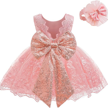 Baby Flower Girls Ruffle Embroidery Lace Sequins Dresses With Headwear For Kids Baptism Pageant Party Wedding Christmas Gown