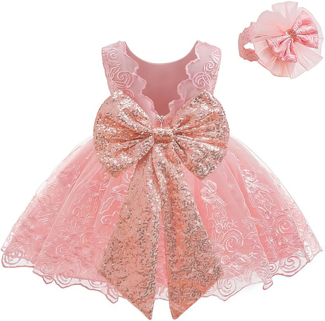 Baby Flower Girls Ruffle Embroidery Lace Sequins Dresses With Headwear For Kids Baptism Pageant Party Wedding Christmas Gown