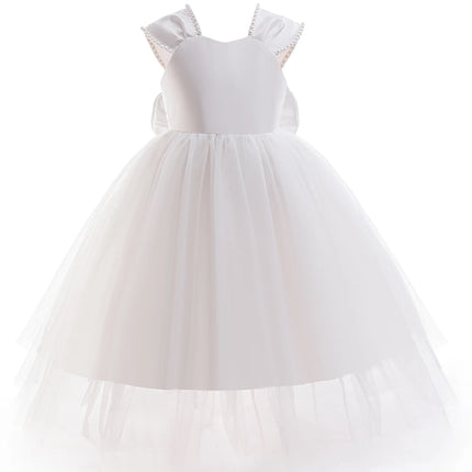 Children Girls Elegant Birthday Tulle Princess Dress Bow Wedding Party Gown For Kids Formal Evening White Pearls Bowknot Vestido