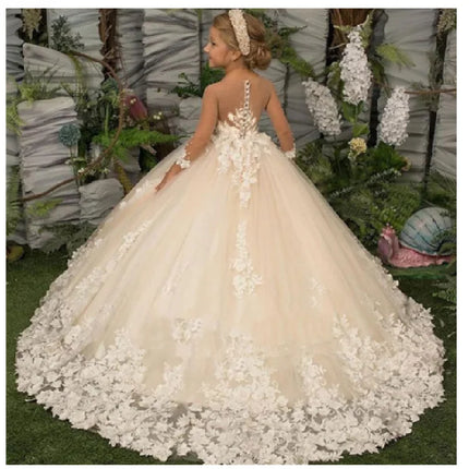 Elegance Flower Girl Dress Three Quartersleeve Appliqué Children Wedding Party Gowns New Kids Clothes Princess First Communion