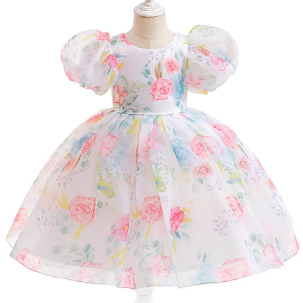 Fashion Flower Printed Party Girls Dresses Christmas Costume White Wedding Birthday Princess Prom Dress for Girl Bridesmaid Gown