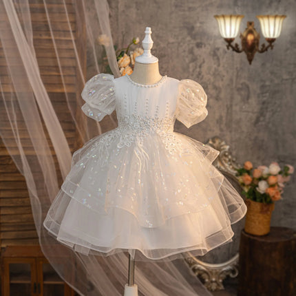 Children's Puff Sleeve Princess Dress Export Flower Girl Printed Short Dress Wedding Dress Girls High-End Tutu Skirt Europe