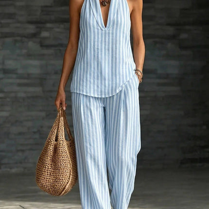 Women's Striped Sleeveless Top & Wide-Leg Pants Set – Fashionable 2-Piece