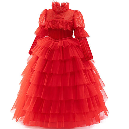 Lydia Deetz Costume Wedding Dress Girls Gothic Red Gown For Children Halloween Beetle Ghost Bride Cosplay Christmas Party Outfit