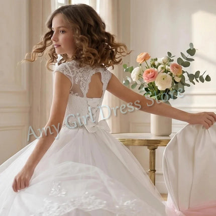 Simple Lace Tulle Flower Girl Dress For Wedding Backless Floor Length Crystal Princess First Communion Birthday Gown Customized