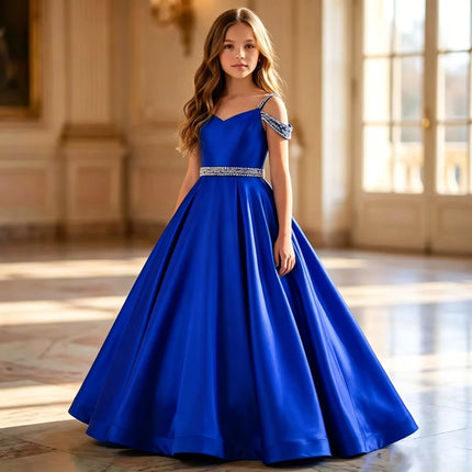 White Elegant Satin Child Wedding Party Dresses Long Beaded Off Shoulder Birthday Flower Girl DressFormal Evening Gowns forGirls