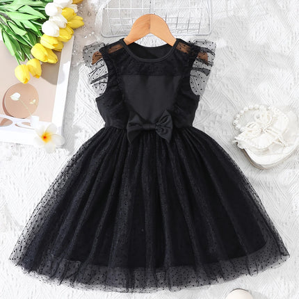 Girls' Summer Casual Fashion Flutter Sleeve Bowknot Polka Dot Velvet Mesh Dress Beach Wedding Holiday Party Princess Dress Gift