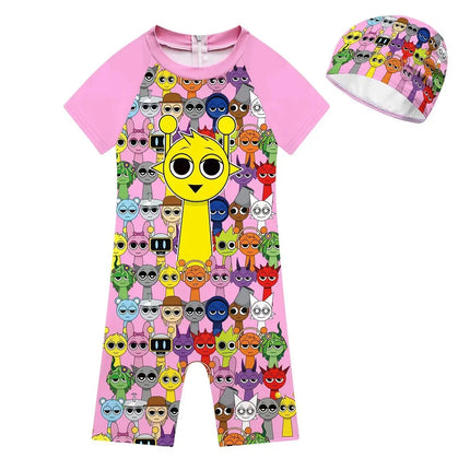 Summer Sprunki Plush Swimwear Kids Costume Toddler Baby One-piece Swimming Cap Bathing Suit Boys Girls Sprunki Print Beachwear