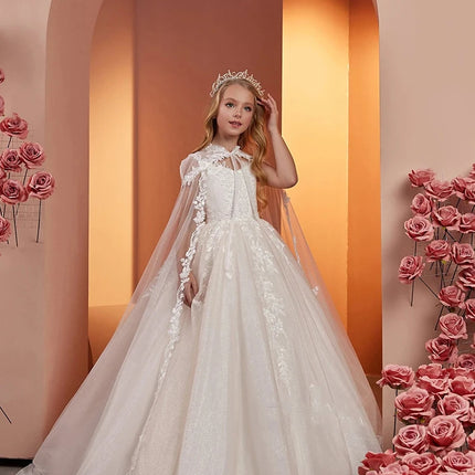 Lace Tulle Flower Girl Dress For Wedding Sleeveless with Cape Puffy Shining Elegant Princess First Communion Birthday Gowns 2024