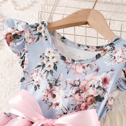 Girls Floral Print Tutu Dress Pink Big Bow Sleeveless Princess Party Dresses Kids Wedding Birthday Pageant Ball Gown Children Fo