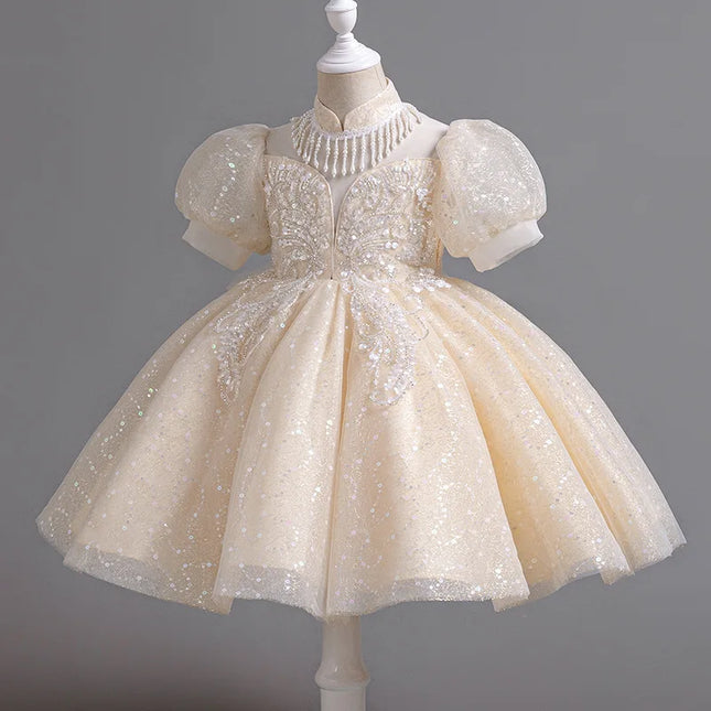 High-end Sequin Flower Girl Dress Puff Sleeve White Mesh Wedding Dress Knee Length Fashion Evening Appliques Outfit Clothes