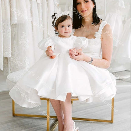 Baby Girls Baptism Dress Newborns Pearl Neck Puff Sleeves Christening Dress with Bow Custom Wedding Party Gowns for Flower Girls