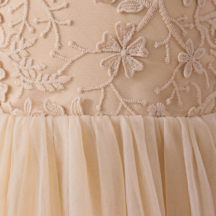 Champagne Colored Princess Dress for Girls Mesh Lace Flower Detail Elegant Wedding Party Children's Dress