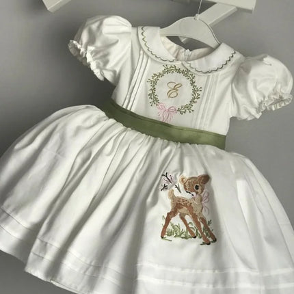 0-12Y Baby Girl Summer Deer Embroidery Turkish Vintage Lolita Princess White Dress for Birthday Holiday Casual Eid Baptism B182