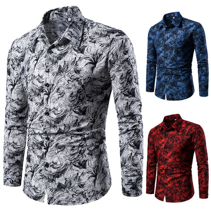 Mens Printed Lapel Long Sleeve Shirt Casual Blouse Fashionable Polyester Casual Wear